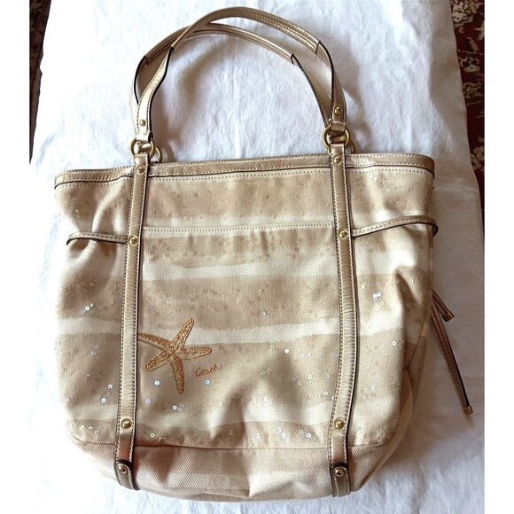 Coach Tote Audrey Sun Starfish Gold Tan Sequin Cinched Shoulder Canvas Bag Beach - Picture 3 of 9
